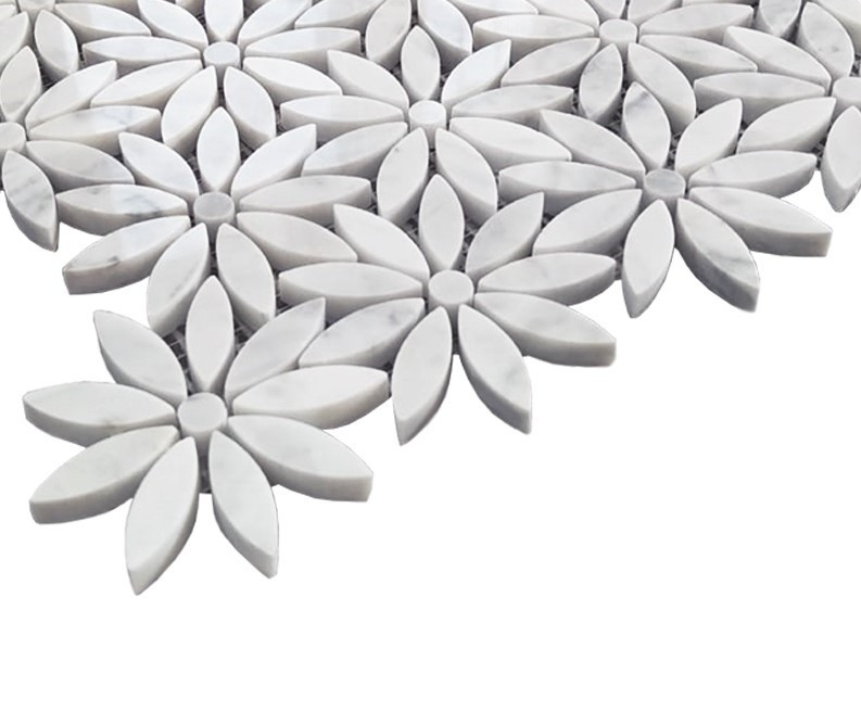 Carrara White With Carrara Center Daisy Flower Mosaic Tile Honed