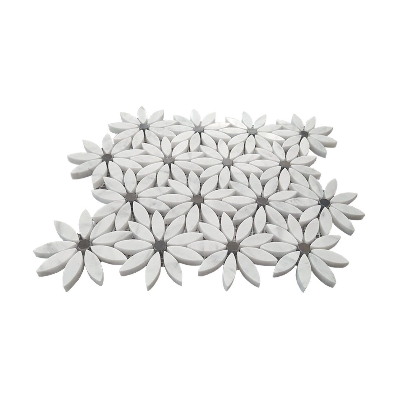 Carrara White With Black Center Daisy Flower Mosaic Tile Honed