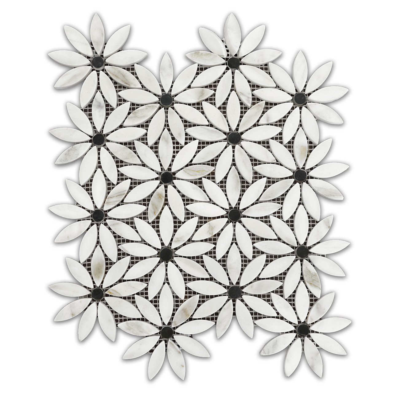 Calacatta with Black Center Daisy Flower Waterjet Mosaic Tile Polished