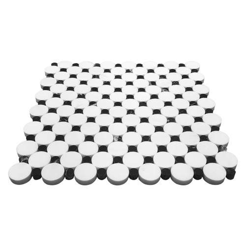 Bianco Dolomite Honed Marble Penny Circles Mosaic Tile with Nero Marquina Black Circles