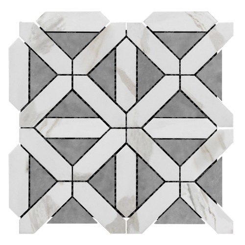 Calacatta Gold Italian Marble with Bardiglio Gray Triangles Geometrica Mosaic Tile  Polished