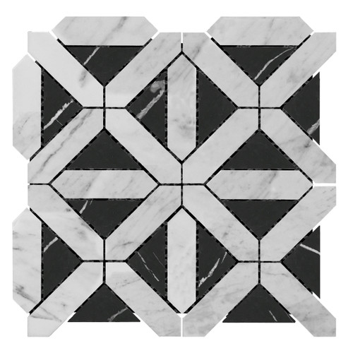 Carrara White Italian Marble with Nero Marquina Black Triangles Geometrica Mosaic Tile Polished