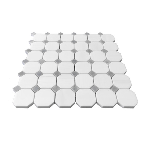 Bianco Dolomite Honed Marble Octagon with Bardiglio Dots Mosaic Tile