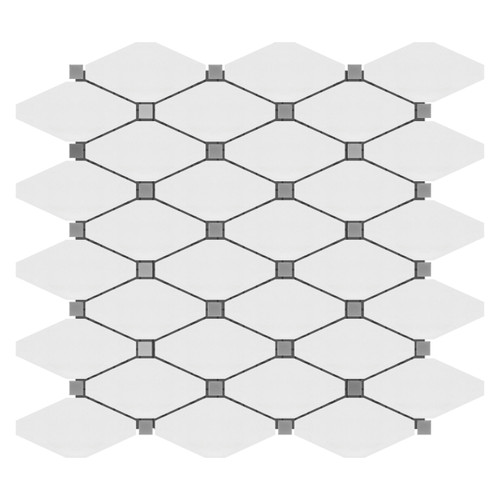 Bianco Dolomite Marble Long Octagon Rhomboid with Bardiglio Dots Mosaic Tile Polished