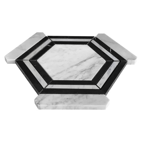 Carrara White Italian Polished Marble Hexagon with Nero Marquina Black Strips Mosaic Tile