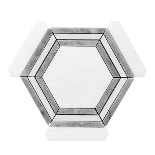 Bianco Dolomite Marble Georama Hexagon with Bardiglio Gray Strips Mosaic Tile Polished