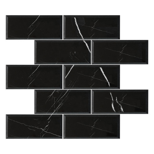 4" x 12" Nero Marquina Black Marble Wide Beveled Mosaic Tile Polished