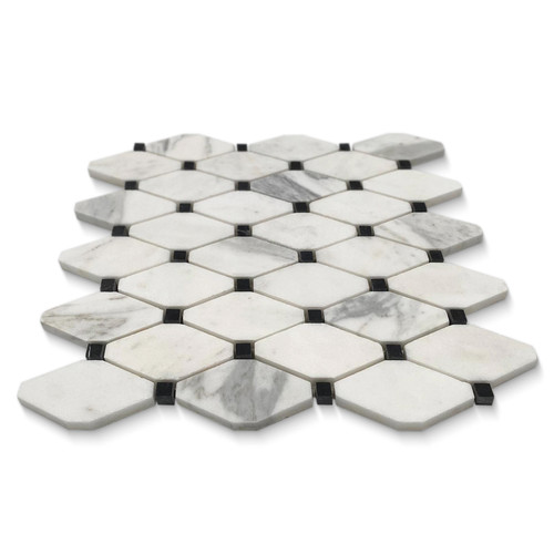 Long Octagon Rhomboid Mosaic Tile with Black Dots Honed Calacatta Gold Italian Marble