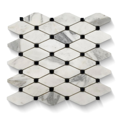 Calacatta Gold Italian Marble Long Octagon Rhomboid Mosaic Tile with Black Dots Honed