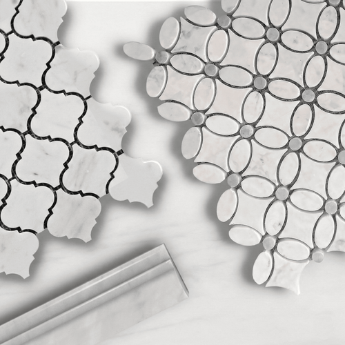 Carrara White Flower Mosaic Tile with Bardiglio Gray Dots Polished Combination