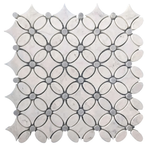 White Carrara Flower Mosaic Tile with Bardiglio Gray Dots Honed