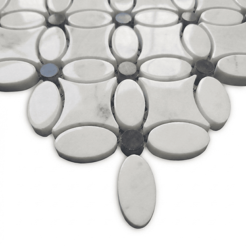 Flower Mosaic White Carrara Tile with Black Dots Polished 