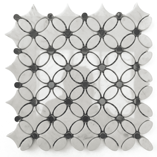 White Carrara Flower Mosaic Tile with Black Penny Polished
