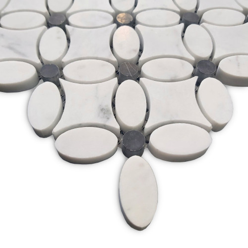 Flower Mosaic White Carrara Tile with Black Dots Honed 