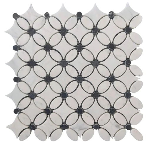 White Carrara Flower Mosaic Tile with Black Penny Honed
