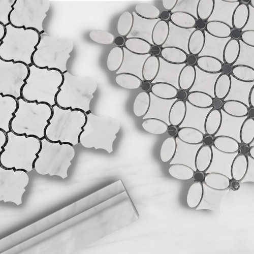 Carrara White Flower Mosaic Tile with Black Penny Honed 