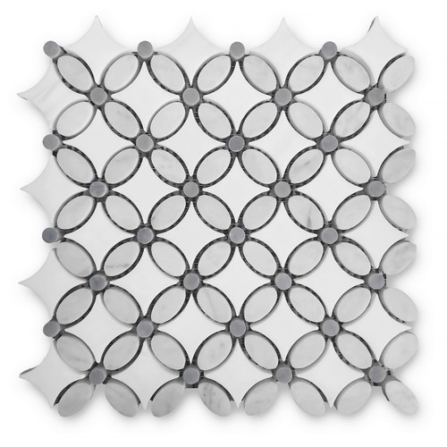 Dolomite Carrara Marble May Flower Mosaic Tile with Bardiglio Gray Penny Honed
