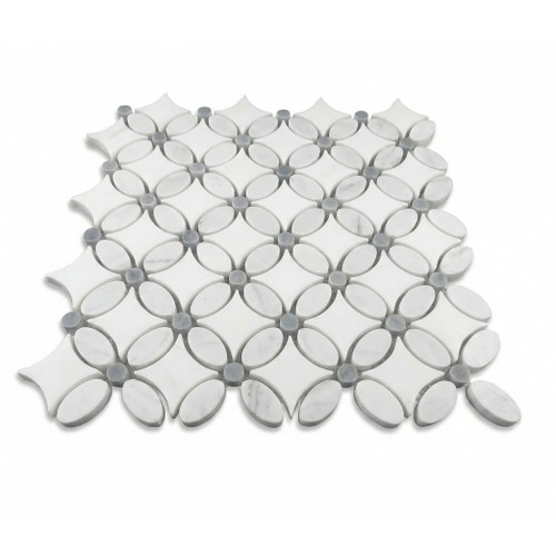 Honed Dolomite - Carrara White Marble May Flower Mosaic Tile with Bardiglio Dots 