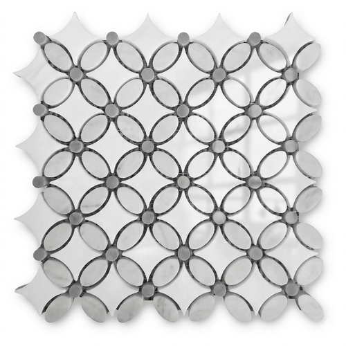  Dolomite - Carrara White Marble May Flower Mosaic Tile with Bardiglio Gray Dots Polished