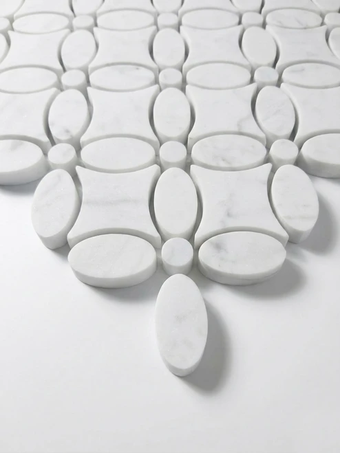 May Flower White Carrara Marble Mosaic Tile with White Carrara Penny Honed 