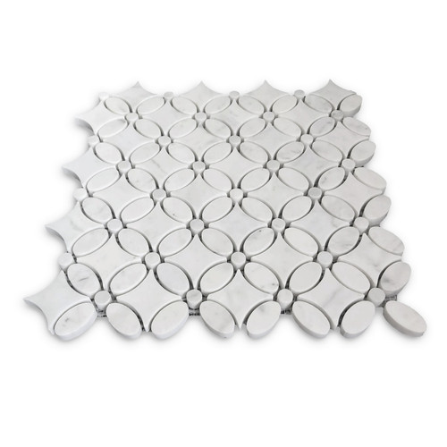 Honed White Carrara Marble May Flower Mosaic Tile with White Carrara Dots  