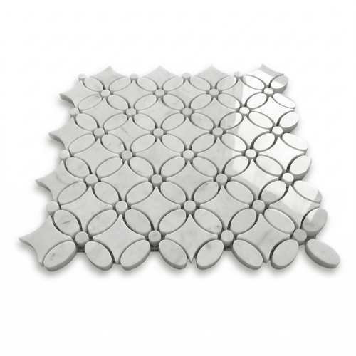 Honed White Carrara Marble May Flower Mosaic Tile with White Carrara Penny