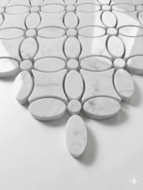 May Flower White Carrara Marble Mosaic Tile with White Carrara Penny Polished  