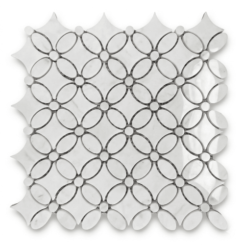 White Carrara Marble May Flower Mosaic Tile with White Carrara Penny Polished 