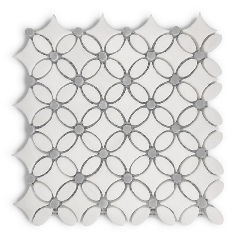 Dolomite - Marble May Flower Mosaic Tile with Bardiglio Gray Dots Honed 