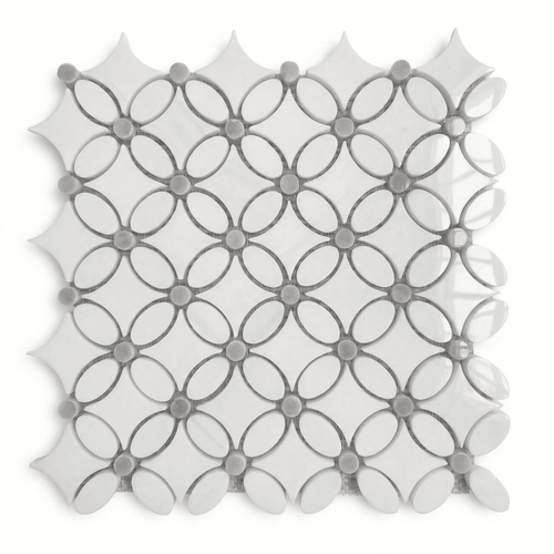 Dolomite Marble May Flower Mosaic Tile with Bardiglio Gray Penny Polished