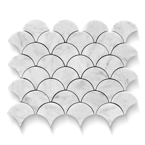 Carrara White Italian Marble Fish Scale Fan Shaped Sea Shell Mosaic Tile Honed