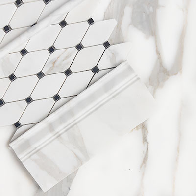 Calacatta Gold Italian Marble Long Octagon Rhomboid Mosaic Tile with Black Dots Polished Bathroom Tile and Kitchen Backsplash Collection