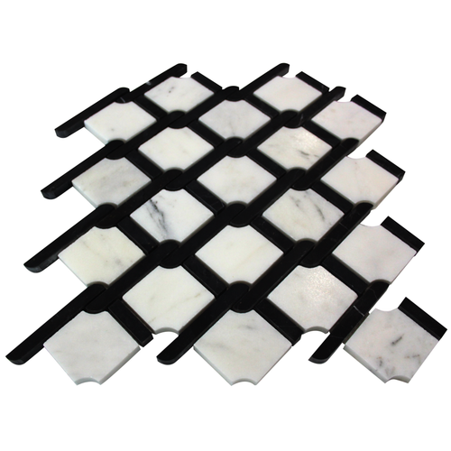 Bianco Carrera Marbella Lynx Rope Design with Nero Marquina Strips Mosaic Tile Honed