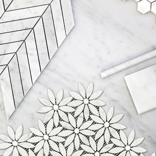 Carrara White With Bianco Dolomite Rounds Daisy Flower Waterjet Mosaic Tile Honed