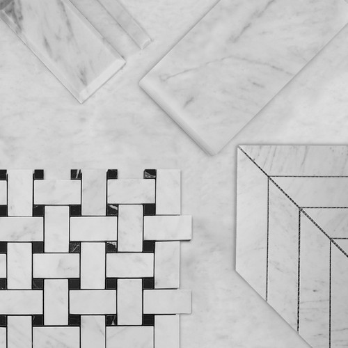 Carrara White Italian Marble Basketweave Mosaic Tile with Nero Marquina Black Dots Combination