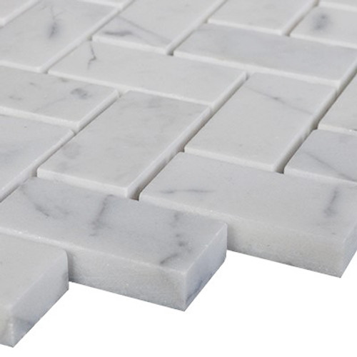 Italian White Carrera Marble Bianco Carrara 1"x2" Herringbone Mosaic Tile Polished