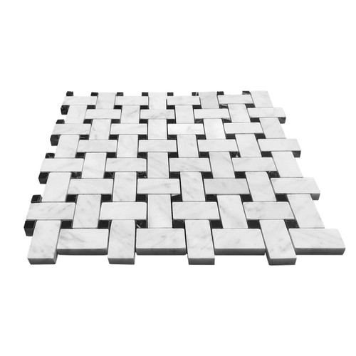 Carrara White Italian Honed Marble Basketweave Mosaic Tile with Nero Marquina Black Dots