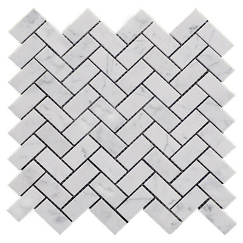 Italian White Carrera Marble Bianco Carrara Herringbone 1"x2" Mosaic Tile Honed