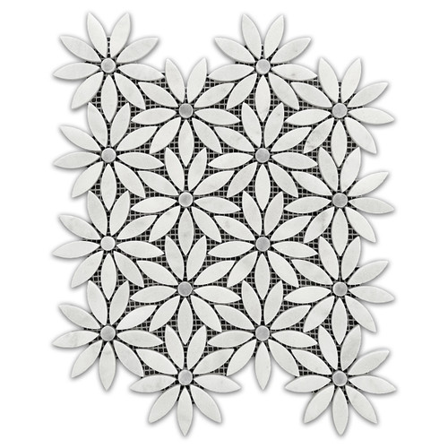 Carrara White With Gray Center Daisy Flower Mosaic Tile