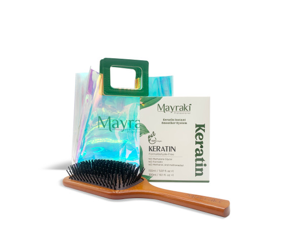 Mayraki Hair Care Gift Set - Hair Keratin Set (Organic Hydrolyzed Keratin Instant Smoother System + Mayraki Wooden Paddle Brush)