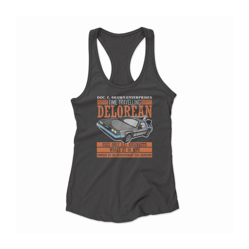 Back To The Future Doc E. Brown Enterprises Time Travelling Delorean Women Racerback Tank Top