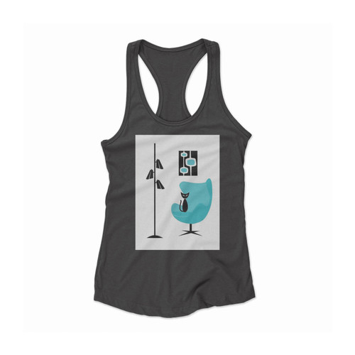 Mid Century Modern Cat In Turquoise Egg Chair Ii Women Racerback Tank Top