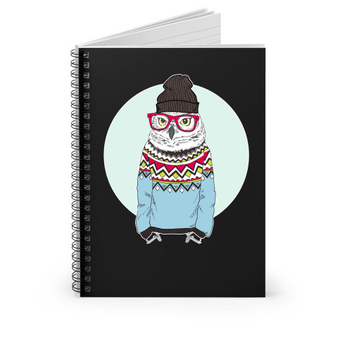 Funny Owl Hipster In Jacquard Pullover Wearing Beanie And Glasses Spiral Notebook Funny Owl Hipster In Jacquard Pullover Wearing Beanie And Glasses Spiral Notebook