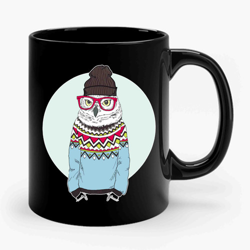 Funny Owl Hipster In Jacquard Pullover Wearing Beanie And Glasses Ceramic Mug Funny Owl Hipster In Jacquard Pullover Wearing Beanie And Glasses Ceramic Mug