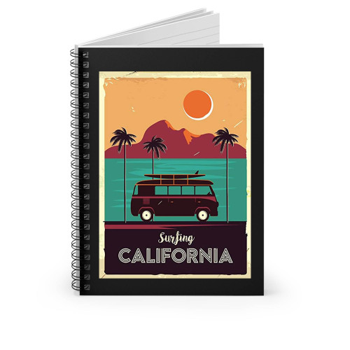 Surfing California Coastline Vintage Van Palm Trees Cool Spiral Notebook