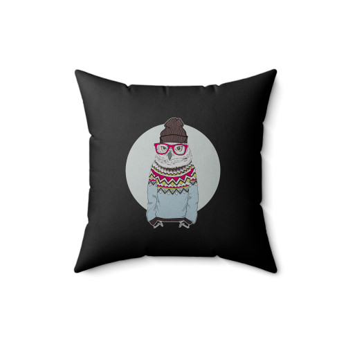 Funny Owl Hipster In Jacquard Pullover Wearing Beanie And Glasses Square Pillow Cover Funny Owl Hipster In Jacquard Pullover Wearing Beanie And Glasses Square Pillow Cover