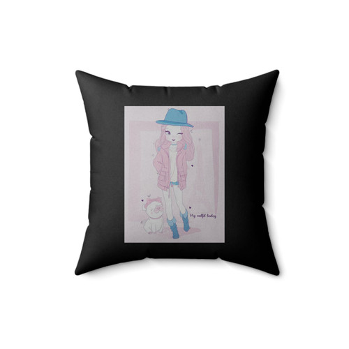 Hand Drawn Cute Girl Wearing Jacket In Paris With Dog Square Pillow Cover