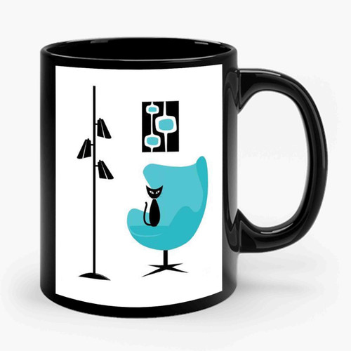 mid century modern cat in turquoise egg chair ii Ceramic Mug