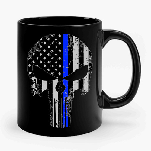 American Flag Thin Blue Line Punisher Skull Ceramic Mug