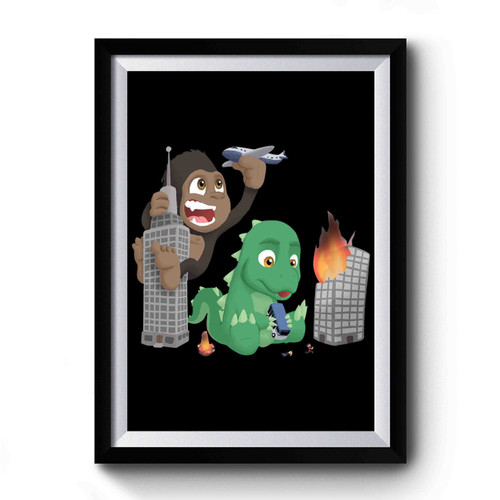 Godzilla King Kong Kaiju Cute Babies Funny Monsters Premium Poster